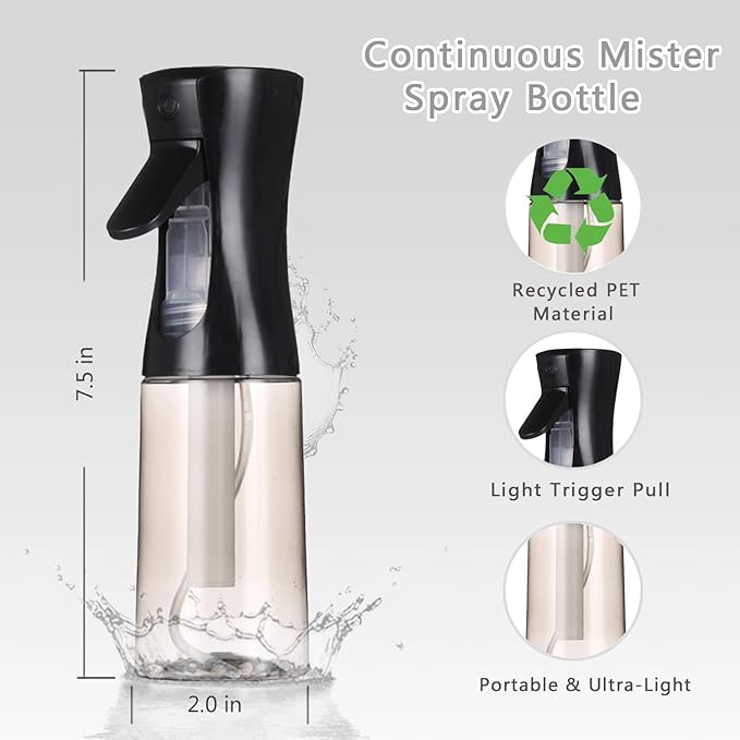 3 Pack Spray Bottles, 2-Pack Continuous Spray Bottles,Fine Water Mist Spray Bottles for Hair 6.8 OZ (200 ML) and 1oz 30ml Travel Spray Bottle Mister for Cleaning,Hairstyling,Plants,Barbers,Black