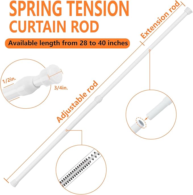 KXLife 2Pcs Spring Tension Curtain Rod, 28 to 40 Inch Adjustable Small Tension Rods No Drill, White Spring Loaded Curtain Tension Rod for Window
