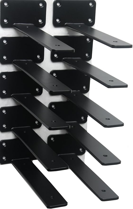 10 Pack - 8 inch Black Hidden L Shelf Bracket (1/5 Inch Thicked) Iron Floating Shelf Brackets Rustic Industrial Metal Brackets for Shelf Support