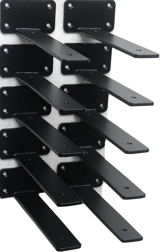 10 Pack - 8 inch Black Hidden L Shelf Bracket (1/5 Inch Thicked) Iron Floating Shelf Brackets Rustic Industrial Metal Brackets for Shelf Support