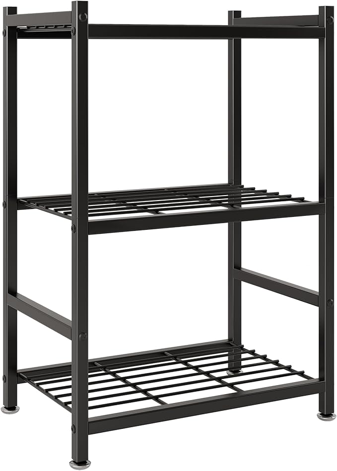 Small Storage Shelves, 3-Tier Metal Shelving Unit with Adjustable Feet, Compact Shelf Organizer for Garage, Kitchen, Pantry and Closet Organization, 17.7" x 11.8" x 29.9",Black