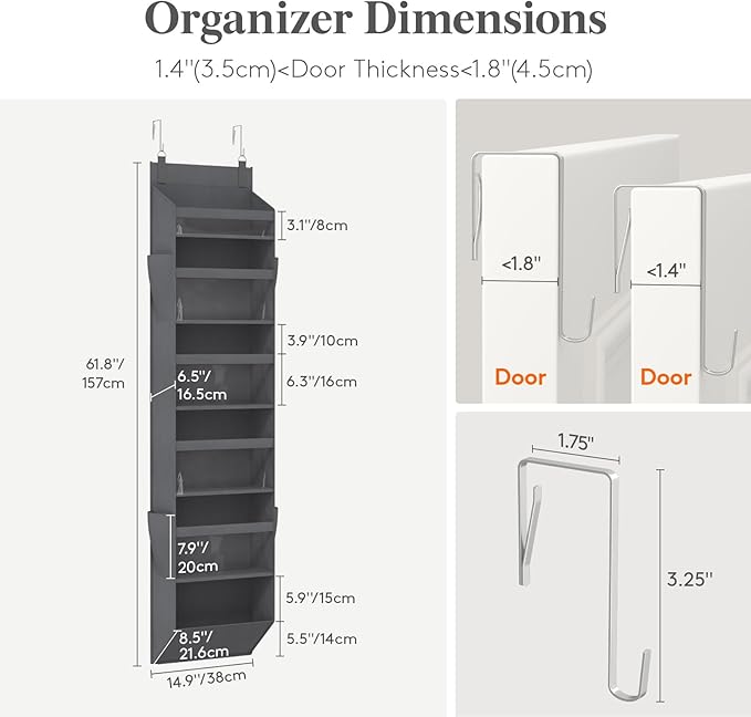 Lifewit 1 Pack Over the Door Organizer, 6 Section Clear Window Hanging Storage with 4 Side Pockets, Sturdy Anti Tilt 40 lbs Load Behind Door for Closet, Bedroom, Bathroom, Nursery, Dorm, Gray