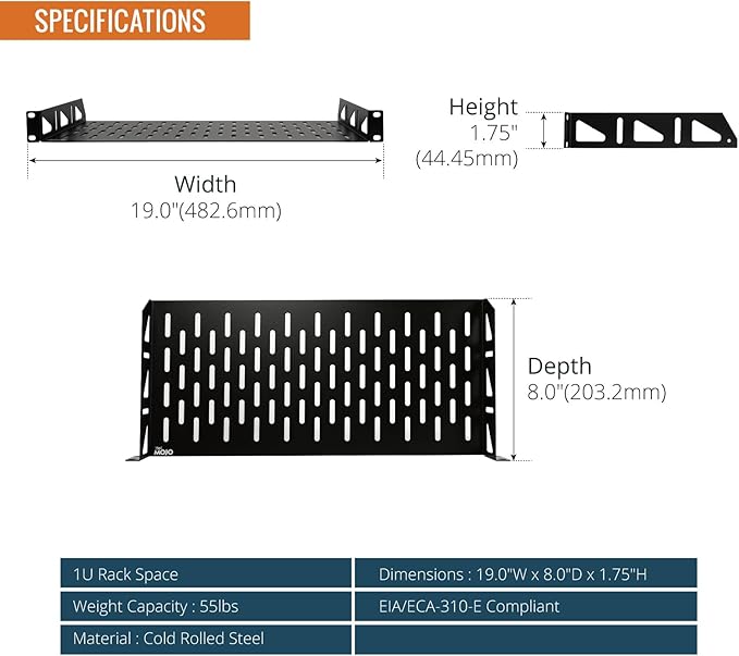Tecmojo 1U Rack Shelf,19 inch Rack Shelf 8 inch Depth,Rack Mount Shelf with Anti-Slip Stops,Server Rack Shelf and Network Shelf for 19 in Equipments, 55lbs Capacity of Vented 1U Shelf,Black,No Lip