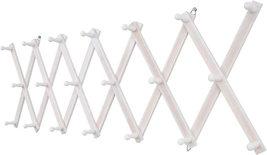 SCUNDA Accordion Wall Hanger with 20 Hooks, Wooden Wall Expandable Coat Rack for Coat, Hats, Baseball Caps, Coffee Mug, Jewelry(Ruist White)