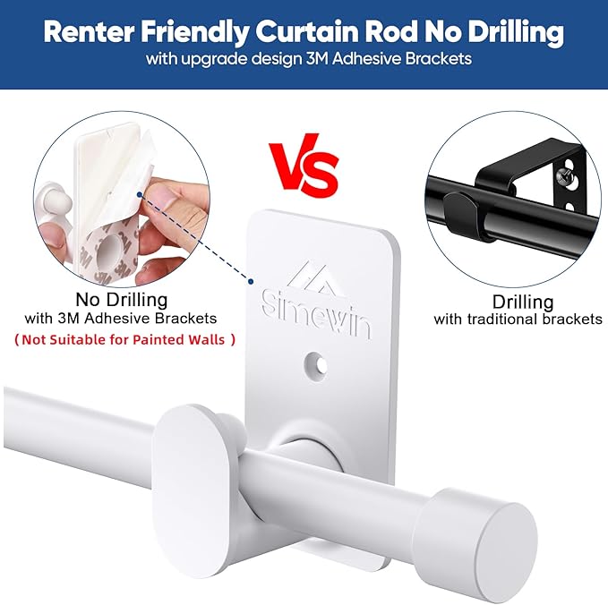 SIMEWIN Curtain Rods No Drilling for Windows 30 to 120 Inches, 5/8 Inch Diameter No Drill Small Curtain Rod Set with 3M Adhesive Brackets, White