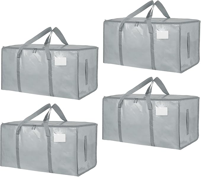 4 Pack-Extra Large Heavy Duty Moving Bags - Waterproof Storage Totes with Handles & Zippers, Foldable for College Dorm, Storage (light gray)