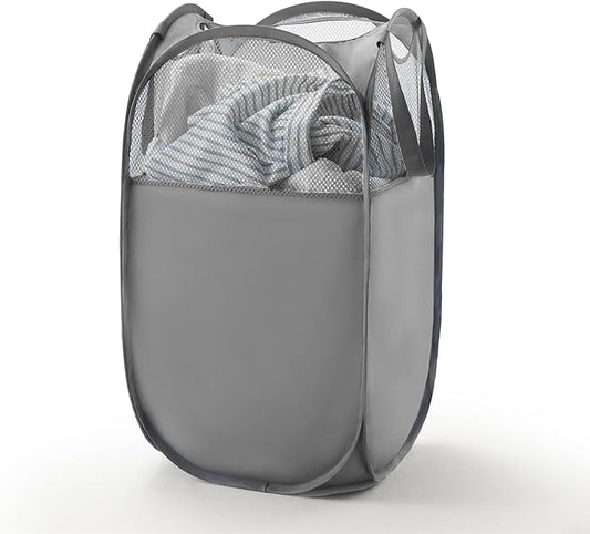 TECHMILLY Pop Up Foldable Laundry Basket, Mesh Laundry Hamper with Reinforced Handles for Dirty Clothes Storage in Dorm, Laundry Room, Bathroom, Grey(Fabric)