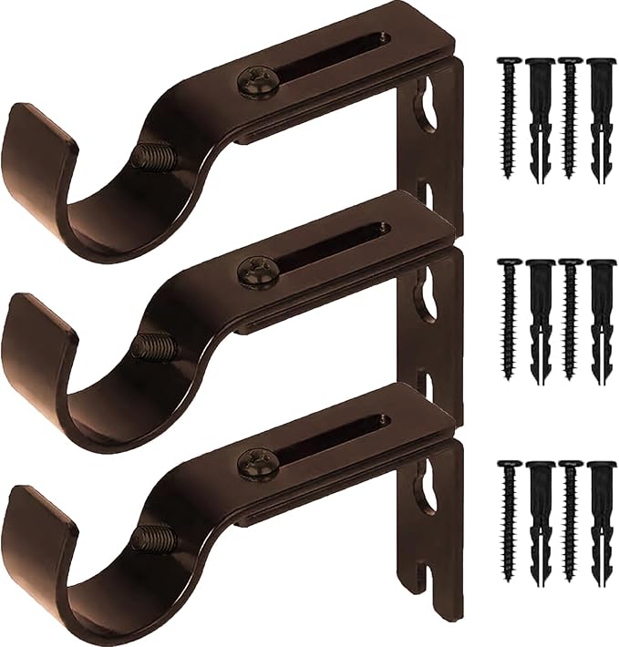 Curtain Rod Brackets for Adjustable, 3 Pack Premium Rod Bracket for Walls, Curtain Rod Holder, Drapery Rod Holders Hardware Window Curtain Rod Support Hanger for 1 Inch Rod (Brown-3Pack)