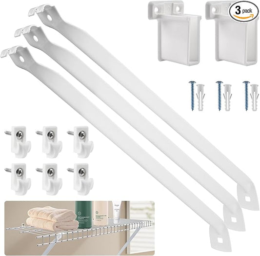 12 Inch Wire Shelf Brackets Set, 3 Pack Metal White Closet Support Bracket with End Brackets & Clips for Wire Shelving Wall Bracket Installation, Support Wire Closet Shelves Racks(3 Pack)