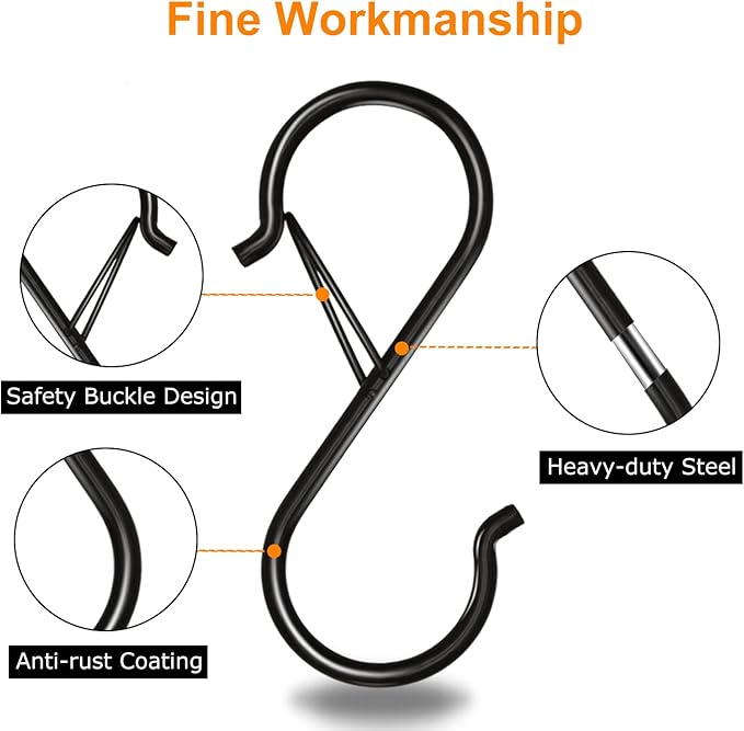 Waitkey 32 Pack S Hooks for Hanging, 3.5 inch Heavy Duty Metal S Hooks with Safety Buckle S Shaped Hooks Pot Rack Closet Hooks for Hanging Plants, Clothes, Kitchen Utensil, Pots, Pans, Bags (Black)