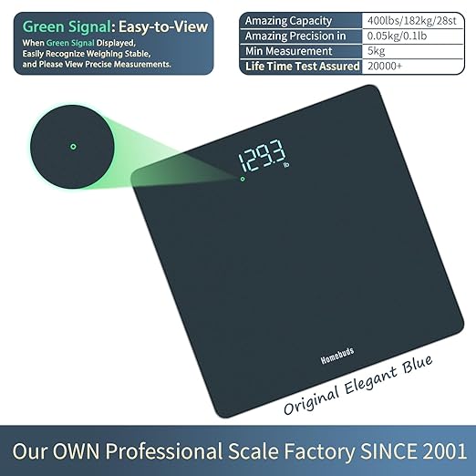 Homebuds Bathroom Scale for Body Weight, Precision 0.1lb by Our Professional Scale Factory Since 2001, Digital Weight Scale LED Display and Step-On, 3*AAA Batteries Included, 400lb/182kg, Blue
