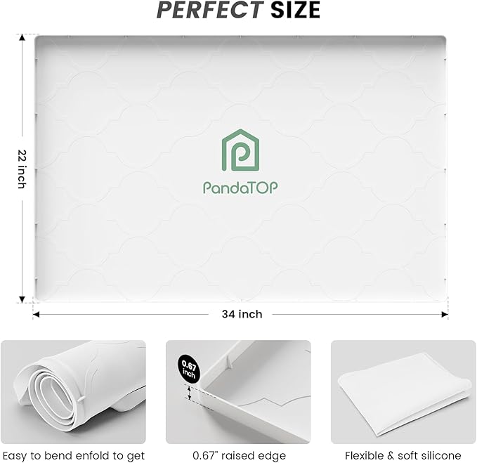 Under Sink Mat, 34" x 22" Silicone Kitchen Cabinet Tray, Waterproof & Flexible Under Sink Liner for Kitchen Bathroom and Laundry Room(White)