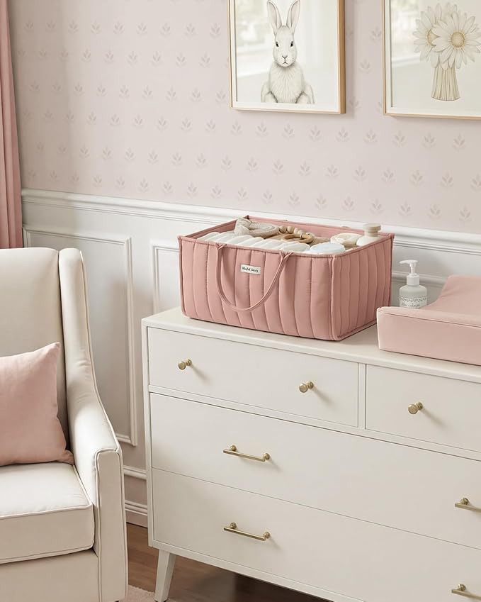 Blissful Diary Baby Diaper Caddy Organizer, Stylish Storage Basket for Newborn Essentials and Diaper Station, Gift for Baby Shower and Registry Must-Have, Blush Pink