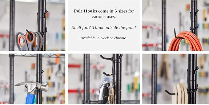 Shelf Pole Hooks | 5-Pack Black Utility Hooks | Snap-On Hanging Hooks for 1" Wire, Metal & Metro Shelving | Heavy Duty Garage, Workshop & Basement Storage Hooks