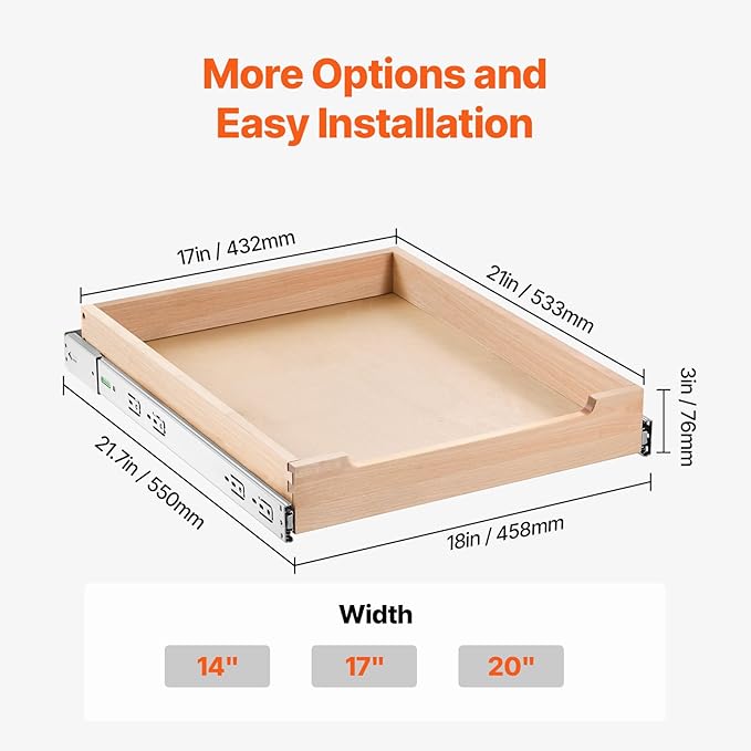VEVOR Pull Out Cabinet Organizer, 17"W x 21"D Cabinet Drawer, Soft Close Slide out Shelf, Heavy-Duty Sliding Wood Drawer, Bottom Mount Size（17.5"W x 23"D）and Side Mount Size（18"W x 23"D）
