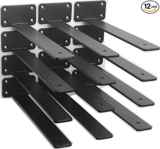 12 Pack - 11 inch Black Hidden L Shelf Bracket (1/5 Inch Thicked) Iron Floating Shelf Brackets Rustic Industrial Metal Brackets for Shelf Support