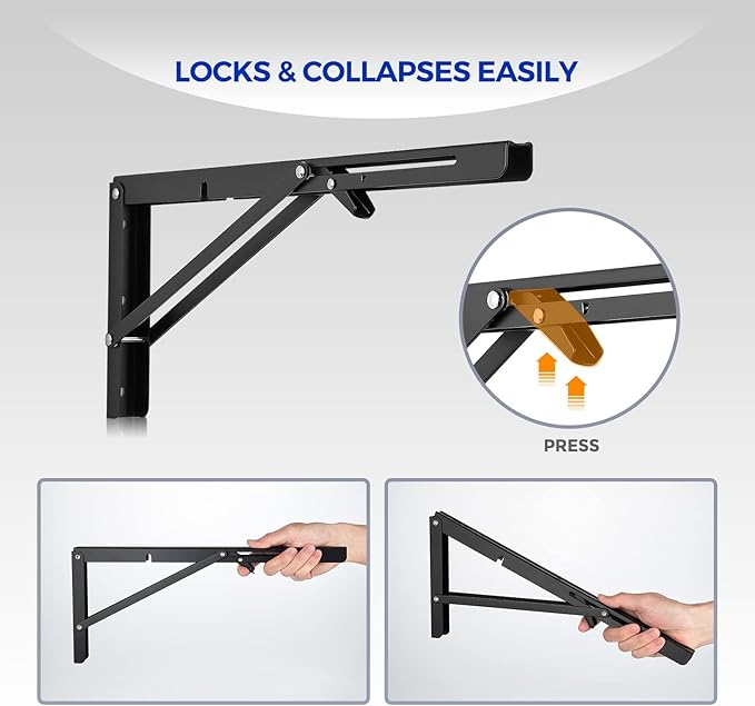 Ravinte 4 Pack 16 Inch Folding Shelf Brackets – Matte Black, Heavy Duty Collapsible Brackets for Tables and Benches – Space-Saving Design