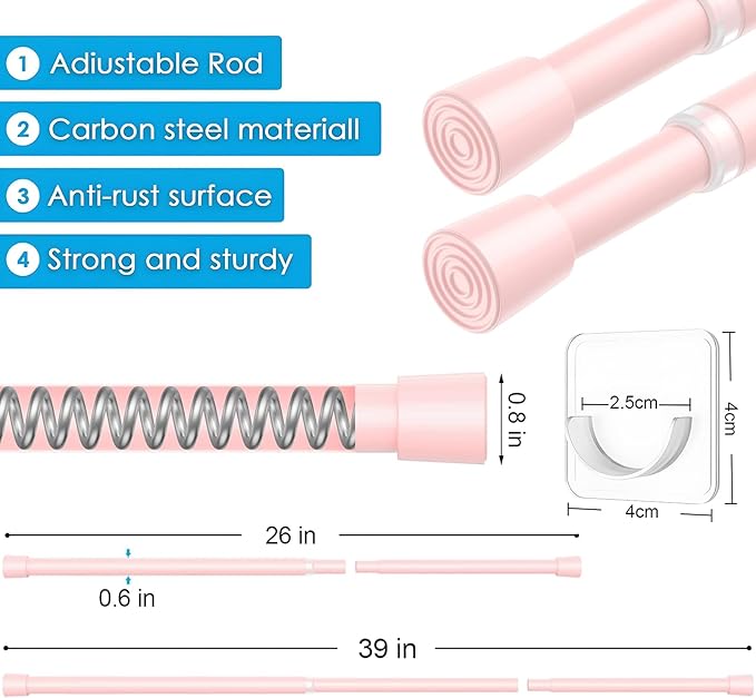 1Pcs Spring Tension Curtain Rod 26-39 inch Spring Tension Rods Pink Tension Rods Adjustable Spring Rod Extendable Tension Rod For Kitchen, Bathroom, Window