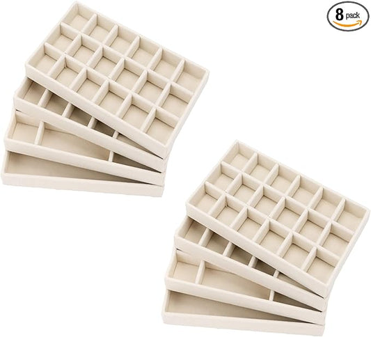 Velvet Jewelry Organizer for Drawer, Stackable Jewelry Drawer Inserts in Dresser, 8in Beige Storage Display Case for Rings Stud Necklaces Accessories, Set of 8