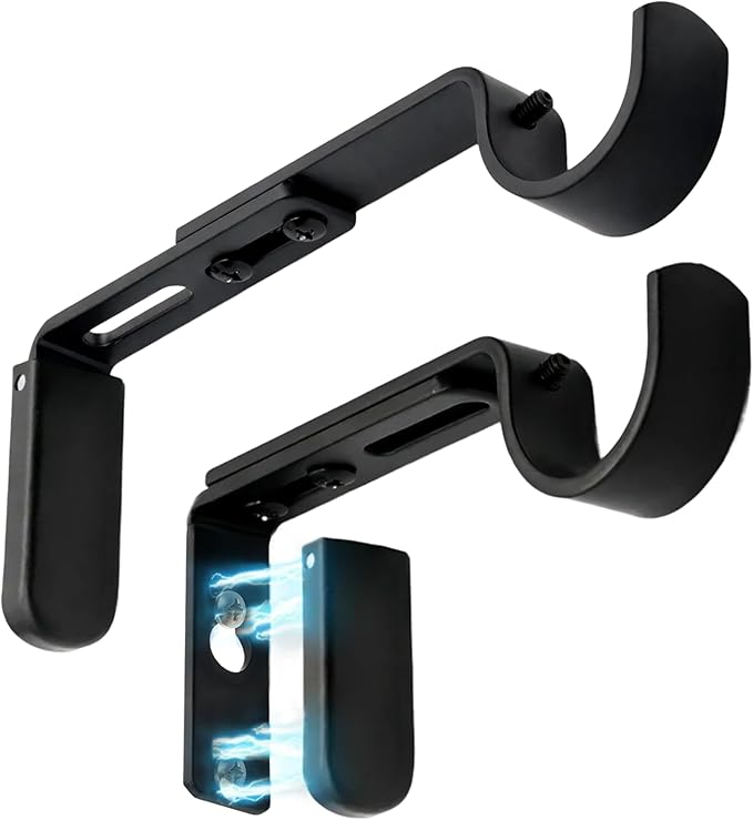 Adjustable Curtain Rod Brackets for Wall with Magnetic Cover, 5 inch Long Heavy Duty Curtain Rod Holders Extended Brackets, Window Hardware Holders Adjustable Mounting Hardware Support Black Set of 2