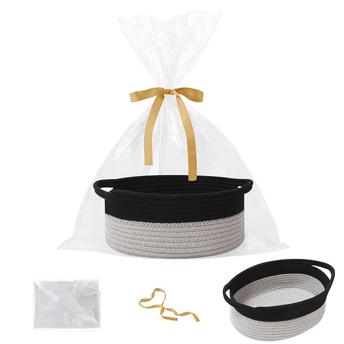 Small Woven Rope Basket-Empty Gifts Basket with Bag and Ribbons,Cute Handle Organizer Box for Birthday/Baby Shower, Toy Storage, Nursery Organizing & Shelf Decor(Black&Grey)