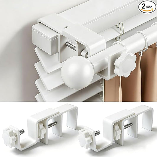 Mimiio No Drill Curtain Rod Brackets for Outside-Mount Blinds, Tool-Free Over-Blind Curtain Rod Holders, Fits 1-2" Rectangular Headrails, No Wall Damage, Renter Friendly Window Hardware, 2 Pack, White