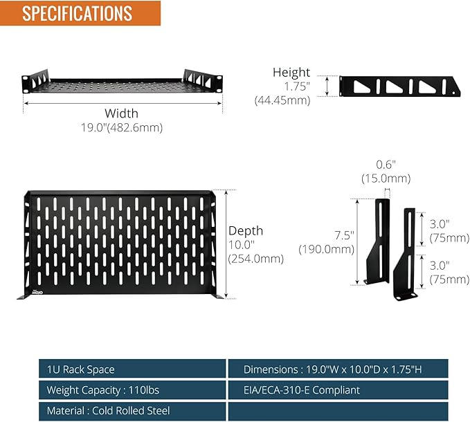 Tecmojo Server Rack Shelf, 1U Rack Shelf 10in Depth, Rack Mount Shelf with Anti-Slip Stops, 110lbs Weight Capacity of Vented Network Rack Shelf for Data/AV/IT/Audio Racks, with Lip(2 Pack), Black