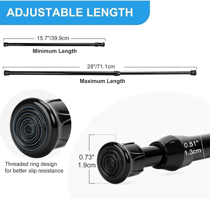 4 Pack Tension Curtain Rod 15.7-28 Inch, Small Short Adjustable Extendable Spring Loaded Rods for Windows Cabinet Blinds Closet Bedroom Kitchen Bathroom Door No Drilling, Black