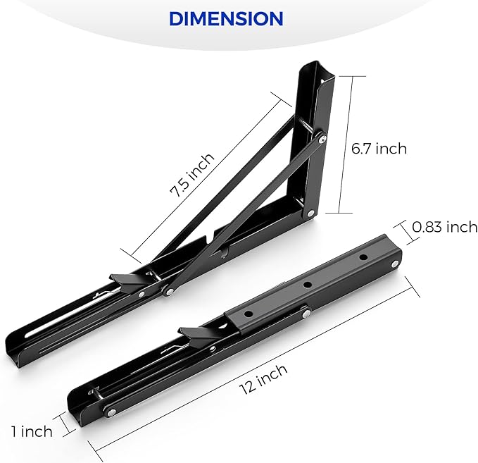 Ravinte 2 Pack 12 Inch Folding Shelf Brackets – Matte Black, Heavy Duty Collapsible Brackets for Tables and Benches – Space-Saving Design