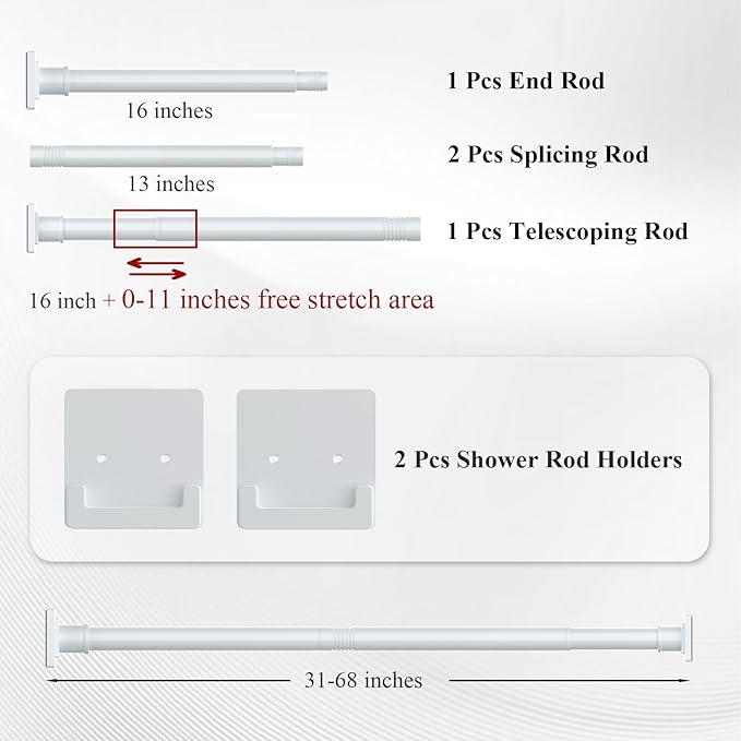 White Shower Curtain Rod 31-68 inches with Holders, Stainless Steel Shower Rod & Tension Rod, Adjustable Tension Shower Curtain Rod for Bathroom, Windows, Closet