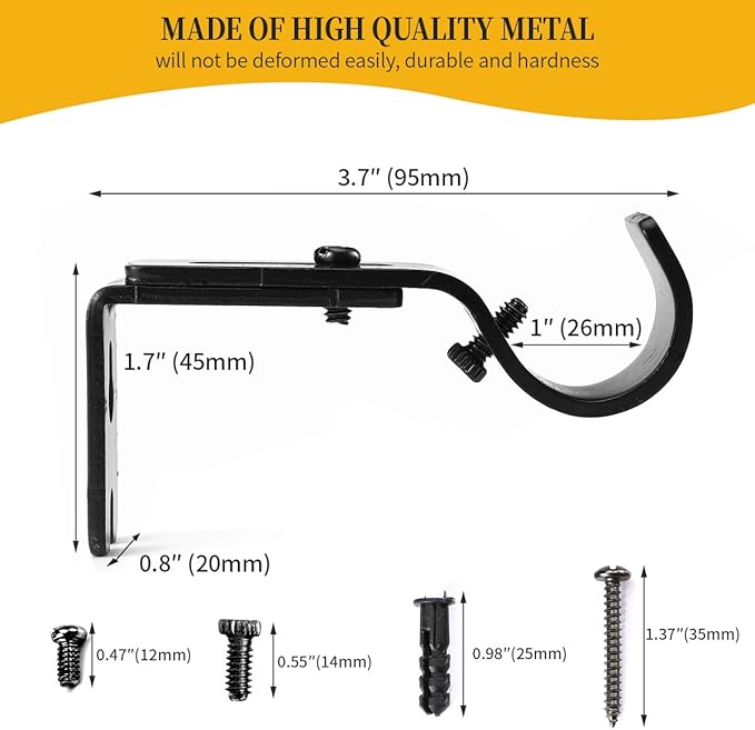 Heavy Duty Adjustable Curtain Rod Brackets Holders for 1 Inch Rod, Black Color, (Set of 6)