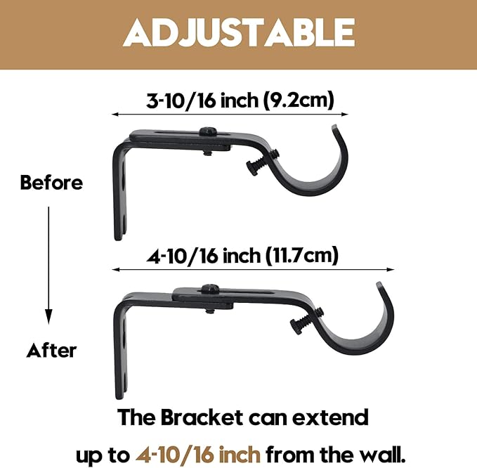 AddGrace Adjustable Curtain Rod Bracket Fits up to 1 inch Curtain Rod Sturdy Premium Brackets for Wall Set of 2 Black