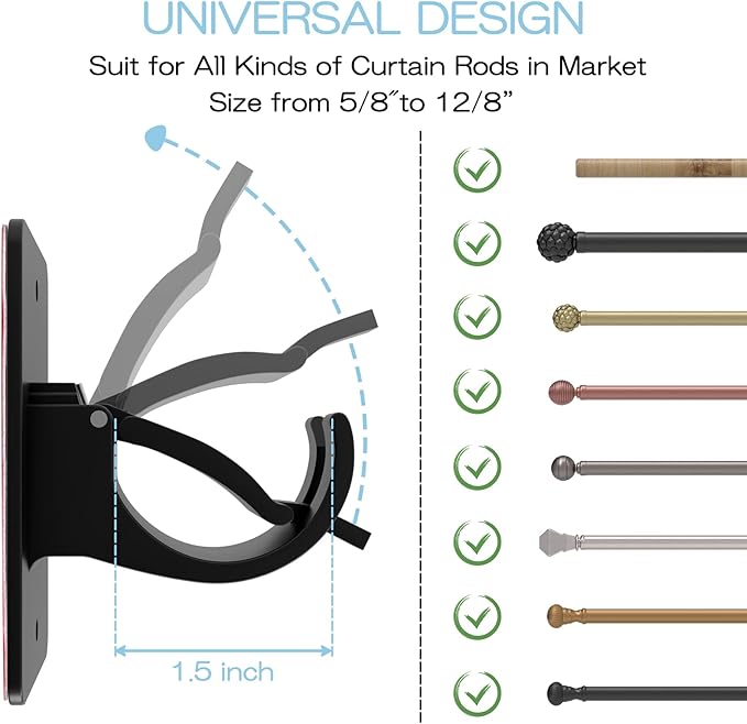 8 Pieces Self Adhesive Curtain Rod Bracket, Universal Plastic Curtain Rod Holders, No Drill Curtain Rod Brackets Curtain Rod Hooks for Bathroom, Bedroom, Livingroom, Kitchen (Black)