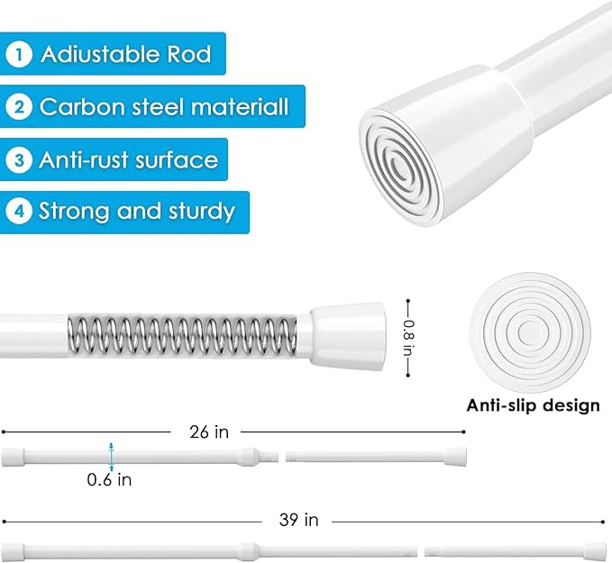 2Pack Tension Curtain Rod 26-39 inch Spring Tension Curtain Rod White Adjustable Spring Rod Extendable Tension Rod for Kitchen, Bathroom, Window, Bookshelf,Closet.