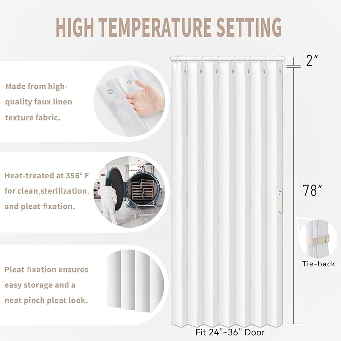 Vatge Door Curtains for Doorway, Folding Door Curtain Interior Closet Curtain for Bedroom, Bathroom, and Laundry Room, Pleated Door Curtains for Doorway,1 Panel with Tieback, W39 x L78, White