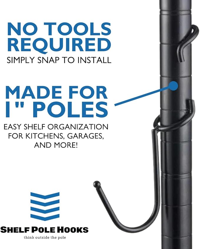 Shelf Pole Hooks | 5-Pack Black 1" J Hooks | Snap-On Hanging Hooks for Wire, Metal & Metro Shelving | Heavy Duty Garage, Workshop, Basement & Pantry Storage Hooks