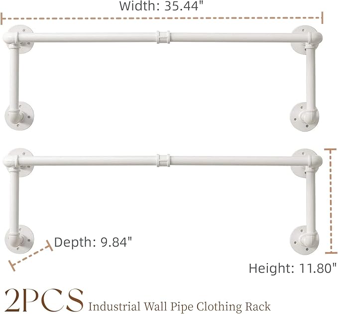 Homeyeeng Clothes Racks, Industrial Pipe Clothing Racks for Hanging Clothes, Wall Mounted Heavy Duty Space Saving Garment Racks, Multi-Purpose Clothing Hanging Rods for Closet Storage, White, 2Pcs