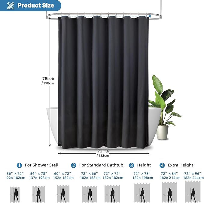 1 Pack Water-Repellent Fabric Shower Curtain Liner - Hotel Quality Machine Washable, 3 Heavy-Duty Magnets with Rustproof Grommets & Weighted Hem, Standard Size 72x78in Black