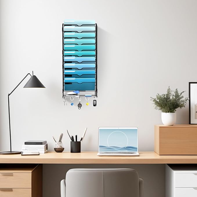 11 Tier Wall File Organizer - Hanging File Organizer with 5 Hooks, Mail Holder Wall Mounted for Papers, Folders, Magazines, Bills, Office&School Organization, Black