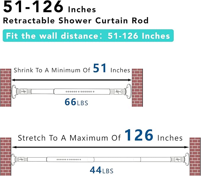 Umimile Tension Curtain Rod, 51-126 inches Adjustable Spring Shower Tension Curtain Rod, Stainless Steel Closet Rod for Windows or Shower, No Drilling, No Rust, Easy to Install, White