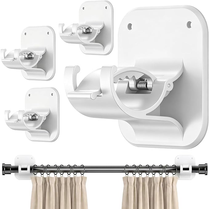 No Drill Curtain Rod Brackets - 20LB, 4 Pack Self Adhesive Curtain Rod Holder, Peel and Stick Wall Hooks, Renter Friendly Upgrades for Apartment, Kitchen, Bathroom, Dorm, Living Room and RV
