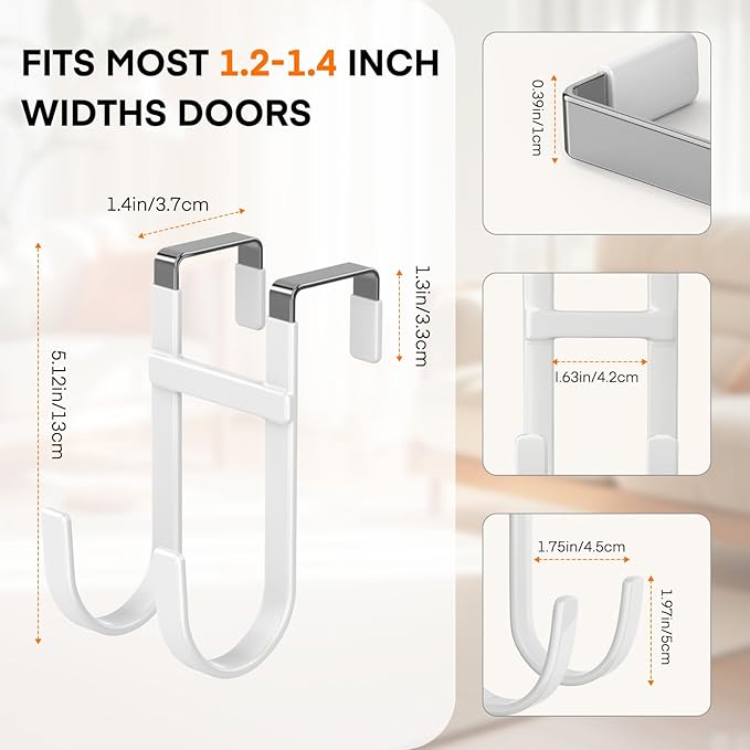 FYY Over The Door Hooks - 4 Pack Heavy Duty Double-Hanger Organizer for Bathroom Bedroom Dorm, Hanging Clothes Towels Hats Bags Ironing Board Wreath Robe - Fits Interior Doors Up to 1 3/8" White