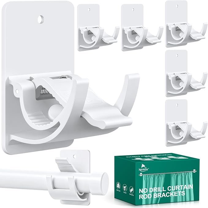No Drill Curtain Rod Brackets, 6 PCS Self Adhesive Curtain Hooks 20lb, Nail Free Adjustable Curtain Rod Holders Rental Friendly for Apartment Farmhouse Classroom Decor Hanging Drapes