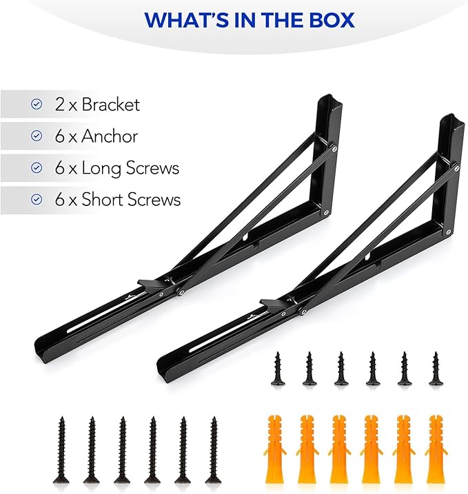 Ravinte 4 Pack 16 Inch Folding Shelf Brackets – Matte Black, Heavy Duty Collapsible Brackets for Tables and Benches – Space-Saving Design