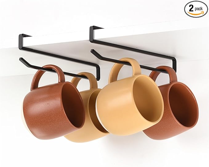 xympo Coffee Mug Hanger for Cabinet, Clip-On Shelf, for Cups, Utensil, Tumbler Lid, Screwless Install (Pack of 2), Fits Shelves up to 3/4"