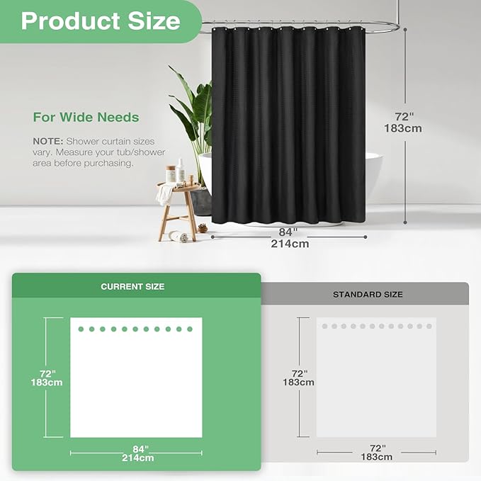 Dynamene Extra Wide Shower Curtain - 84 Inch Wide Waffle Weave Weighted Thick Cloth Bathroom Shower Curtain, Neutral Heavy Duty Hotel Bath Curtain Set with 14 Plastic Hooks, 84x72, Black