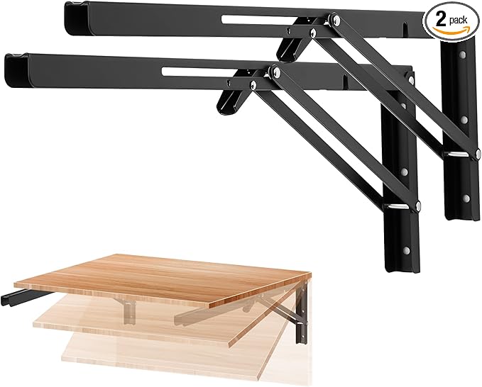 Ravinte -2 Pack 20 Inch Folding Shelf Brackets – Matte Black, Heavy Duty Collapsible Brackets for Tables and Benches – Space-Saving Design