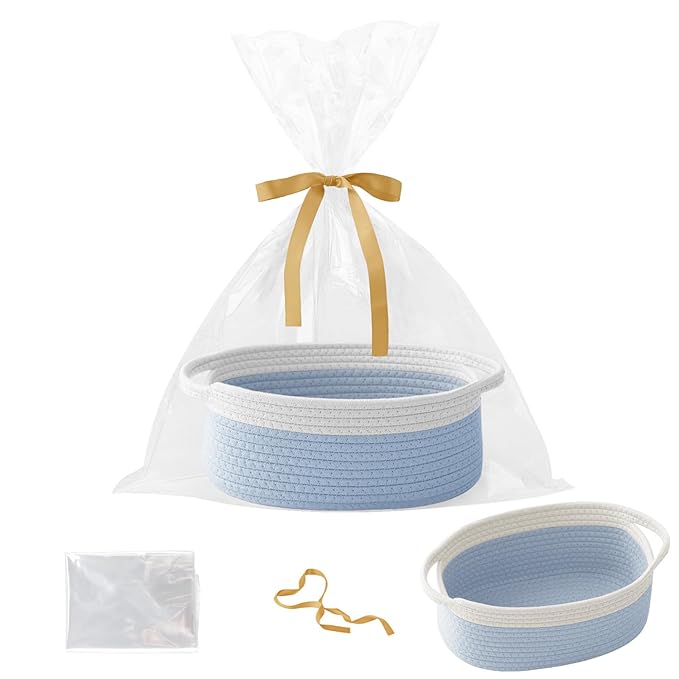 Small Woven Rope Basket-Empty Gifts Basket with Bag and Ribbons,Cute Handle Organizer Box for Birthday/Baby Shower, Toy Storage, Nursery Organizing & Shelf Decor(White&Blue)