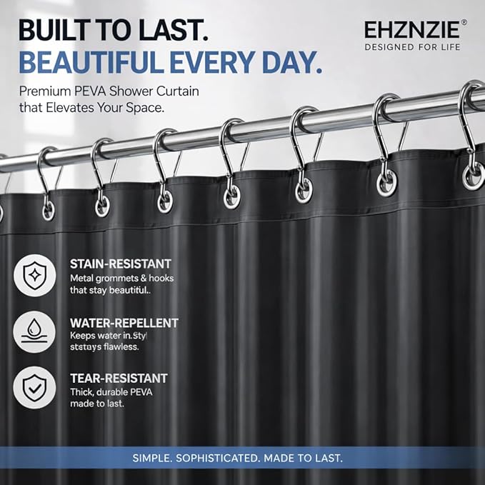 EHZNZIE Dark Grey Shower Curtain Liner 72x72, PEVA Waterproof Bath Curtain, No Chemical Smell, 3 Weighted Magnets, Durable with Rustproof Metal Grommets