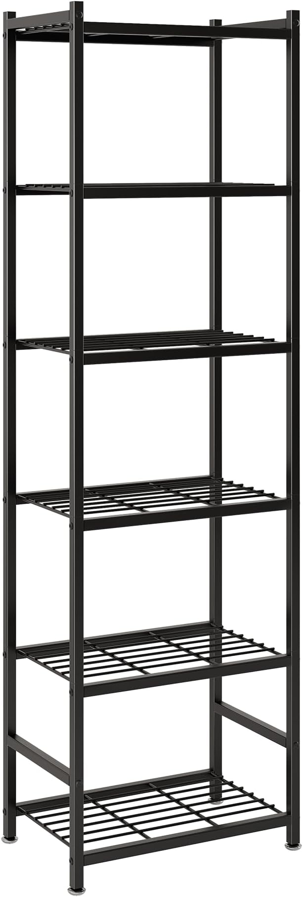 Small Storage Shelves, 6-Tier Metal Shelving Unit with Adjustable Feet, Compact Shelf Organizer for Garage, Kitchen, Pantry and Closet Organization, 17.7" x 11.8" x 68.9", Black